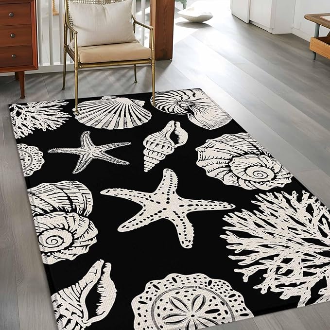 Area Rug 4x6ft, Marine Starfish Shell Conch Washable Rugs for Living Room Bedroom, Ocean Life on Black Soft Non-Slip Area Rugs Rectangle Floor Carpet for Dining Room