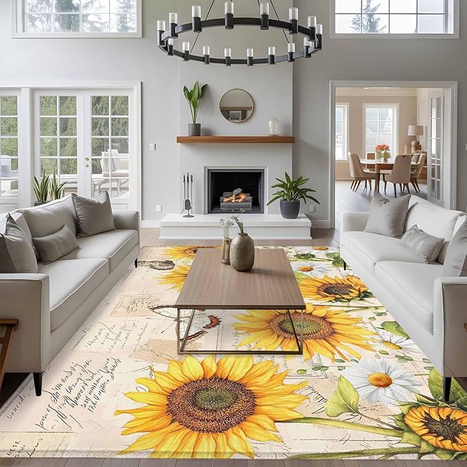 Sunflower Farmhouse 6x9 Area Rugs, Retro Floral Butterflies Non-Skid Rubber Backing Large Rectangle Rugs - Living Room Bedroom Home Office, Spring Summer Indoor Floor Mat Carpets Washable Rug