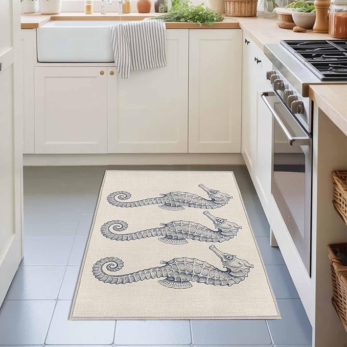 Area Rug 2x3ft, Marine Life Seahorse on Burlap Washable Rugs for Living Room Bedroom, Farmhouse Ocean Theme Soft Non-Slip Area Rugs Rectangle Floor Carpet for Dining Room