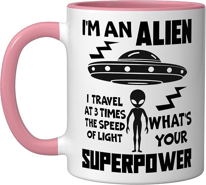 I'm An Alien Silhouette First Contact Space Apparel Ceramic Mug, Pink/White