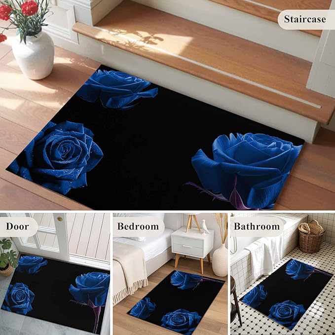 Area Rug 2x3ft, Abstract Garden Blue Rose Washable Rugs for Living Room Bedroom, Classic Country Floral Soft Non-Slip Area Rugs Rectangle Floor Carpet for Dining Room