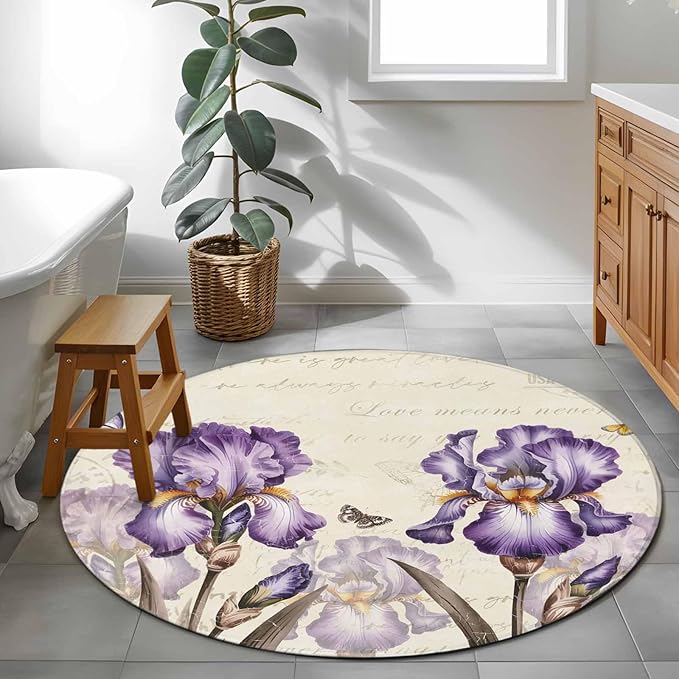 Washable Round Area Rug Pastoral Purple Flower Watercolor Circle Rugs Floor Carpet for Living Room Bedroom, Country Botanical Butterflies Soft Non Slip Round Rug 4ft