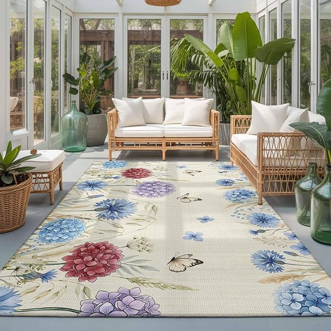 Area Rug 3x5ft, Spring Watercolor Garden Flower Washable Rugs for Living Room Bedroom, Hydrangea Floral on Burlap Soft Non-Slip Area Rugs Rectangle Floor Carpet for Dining Room