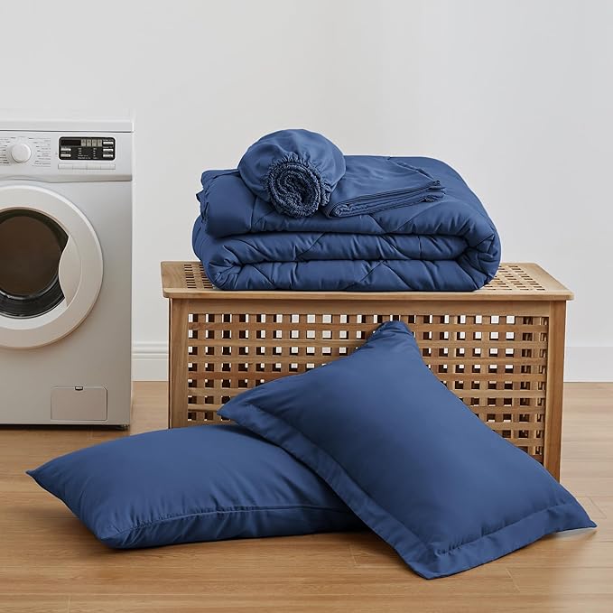 Love's cabin Twin XL Comforter Set Dark Blue, 5 Pieces Twin XL Bed in a Bag, All Season Bedding Sets with 1 Comforter, 1 Flat Sheet, 1 Fitted Sheet, 1 Pillowcase and 1 Pillow Sham | Soft, Breathable, Lightweight, Comfortable