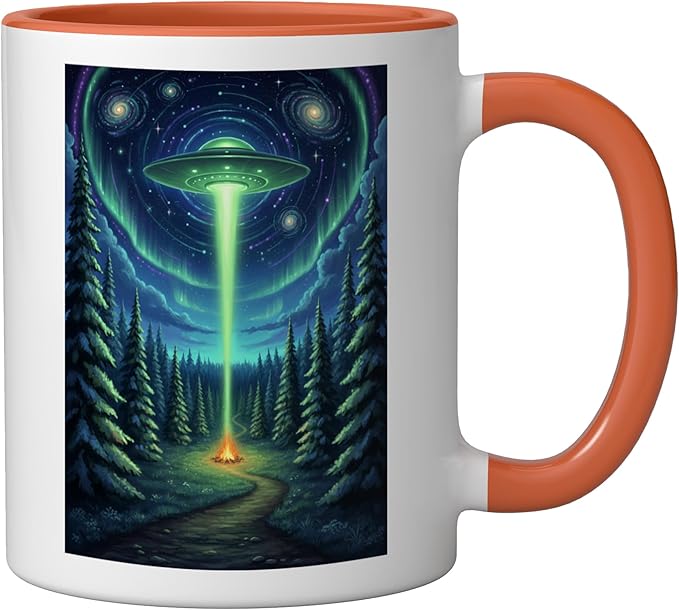 UFO in Forest Campfire Nature Camping Flying Saucer UAP Ceramic Mug, Orange/White