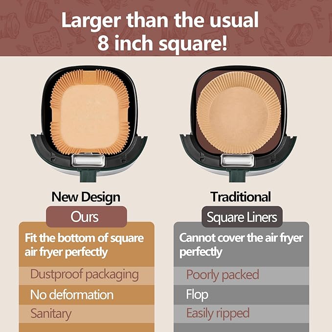UBeesize XL 10 Inch Air Fryer Paper Liners,150 PCS Parchment Paper, Air Fryer Disposable Paper Liner for Microwave, Non-Stick Air Fryer Liners Square Free of Bleach （Bottom size 9 Inch）