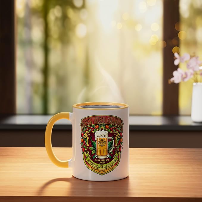 Spicy Fuego Cerveza Chili Texas Drinking Vintage Beer Label Ceramic Mug, Yellow/White