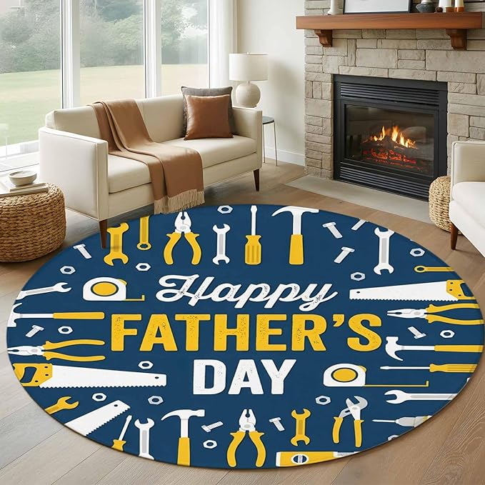 Father's Day Round Rug 5 ft Hand Tools Workshop Equipment Soft Area Rug for Living Room Washable Non-Slip Carpet Indoor Mat for Bedroom Dining Room Holiday Decor