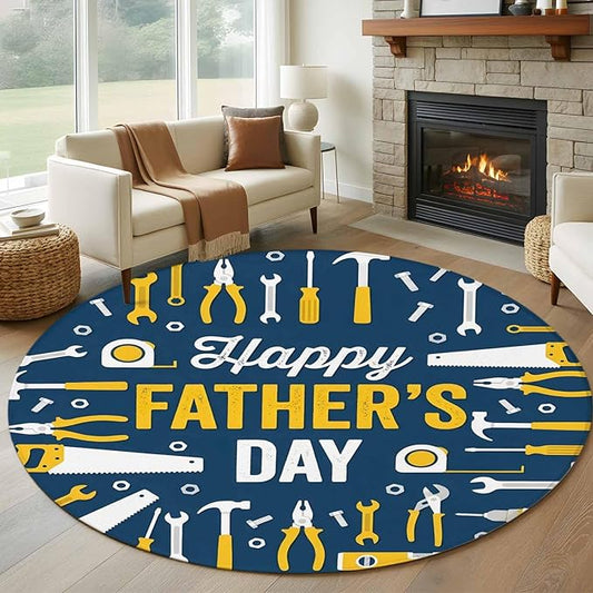 Father's Day Round Rug 5 ft Hand Tools Workshop Equipment Soft Area Rug for Living Room Washable Non-Slip Carpet Indoor Mat for Bedroom Dining Room Holiday Decor