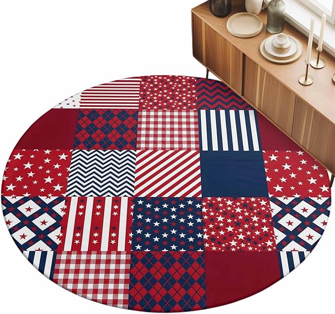 Washable Round Area Rug Abstract Splicing Stars Stripes Circle Rugs Floor Carpet for Living Room Bedroom, Independence Day Red Blue White Soft Non Slip Round Rug 3ft