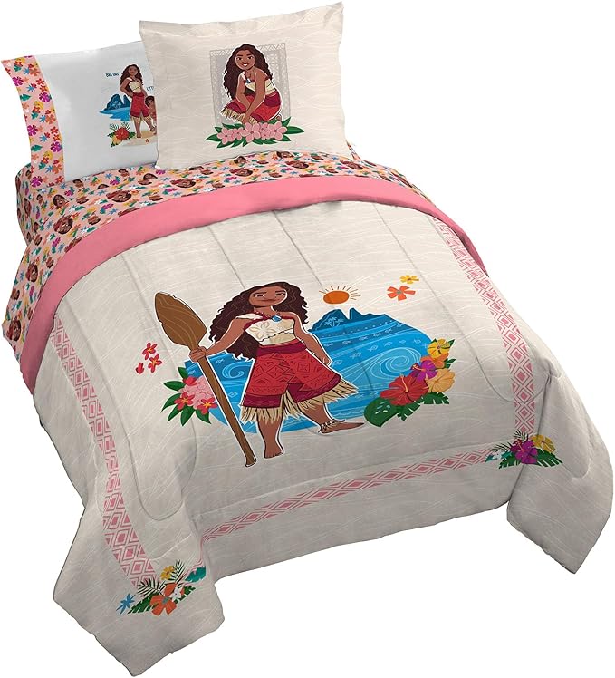Jay Franco Disney Moana Queen Comforter Set - 7 Piece Bedding Includes Sheet Set & Pillow Covers - Super Soft Floral Kids Bedding