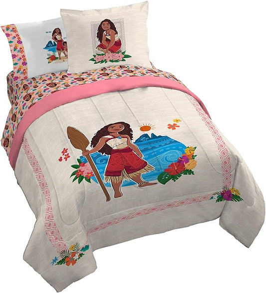 Jay Franco Disney Moana Queen Comforter Set - 7 Piece Bedding Includes Sheet Set & Pillow Covers - Super Soft Floral Kids Bedding