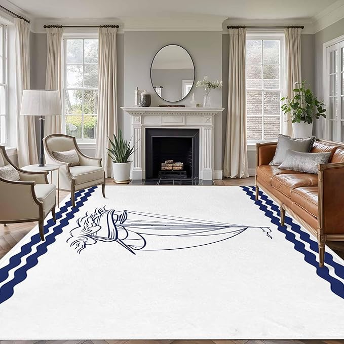 Area Rug 9x12ft, Summer Ocean Nautical Sailboat Washable Rugs for Living Room Bedroom Rectangle Floor Carpet, Marine Theme Navy Blue Stripe Soft Non-Slip Area Rugs for Dining Room