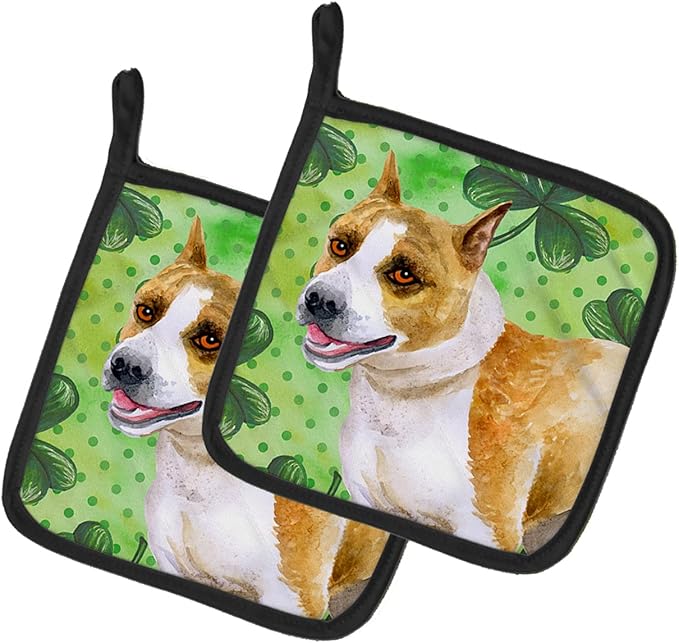 Caroline's Treasures BB9818PTHD American Staffordshire St Patrick's Pair of Pot Holders, Green Kitchen Heat Resistant Pot Holders Sets Oven Hot Pads for Cooking Baking BBQ, 7 1/2 x 7 1/2