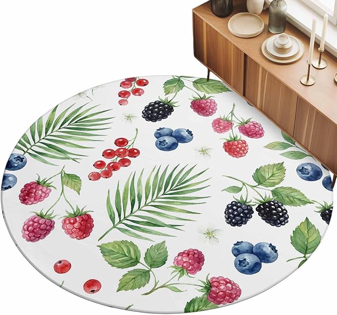 Washable Round Area Rug Farm Fruit Berry Cherry Blueberry Circle Rugs Floor Carpet for Living Room Bedroom, Watercolor Mulberry Leaves Soft Non Slip Round Rug 5ft