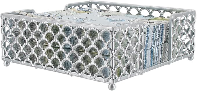 Boston International Paper Napkin Holder Caddy Dispenser for Kitchen Dining Buffet & Bar Countertops, 6.75" x 6.75" (Fits Lunch Size), Silver Scallop