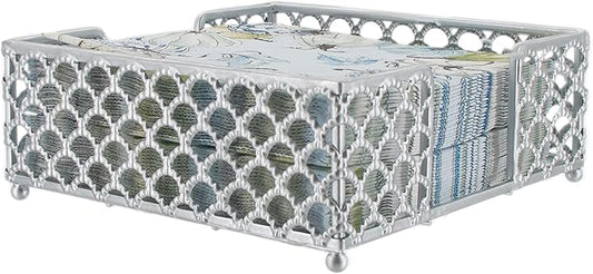 Boston International Paper Napkin Holder Caddy Dispenser for Kitchen Dining Buffet & Bar Countertops, 6.75" x 6.75" (Fits Lunch Size), Silver Scallop