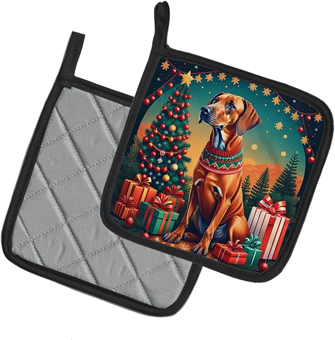 Caroline's Treasures Rhodesian Ridgeback Christmas Pair of Pot Holders Kitchen Heat Resistant Pot Holders Sets Oven Hot Pads for Cooking Baking BBQ, 7 1/2 x 7 1/2