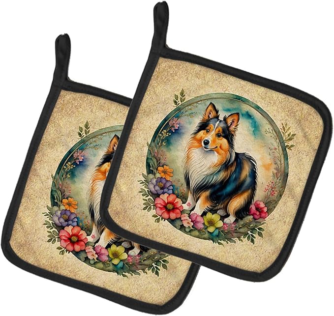 Caroline's Treasures Sheltie and Flowers Pair of Pot Holders Kitchen Heat Resistant Pot Holders Sets Oven Hot Pads for Cooking Baking BBQ, 7 1/2 x 7 1/2
