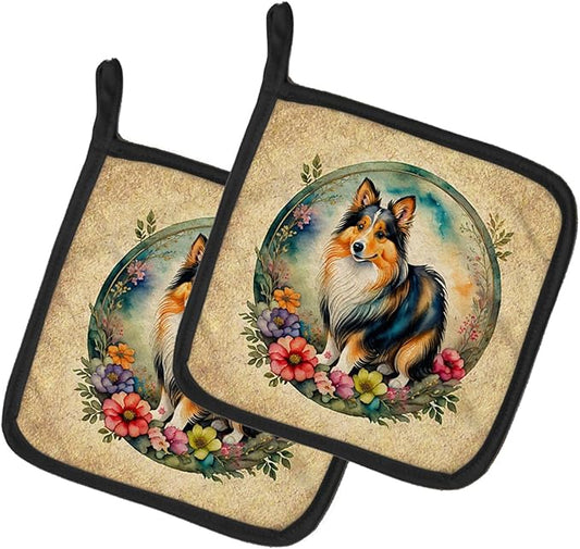 Caroline's Treasures Sheltie and Flowers Pair of Pot Holders Kitchen Heat Resistant Pot Holders Sets Oven Hot Pads for Cooking Baking BBQ, 7 1/2 x 7 1/2
