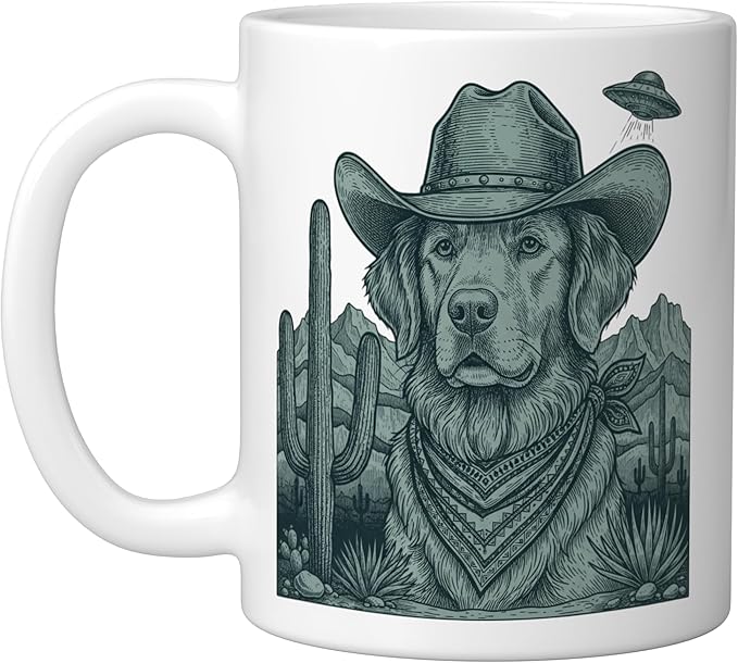 Cowboy Golden Retriever With Ufo Western Dog Art Ceramic Mug, White
