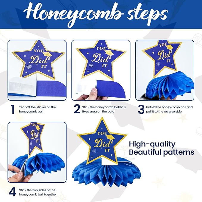 Class of 2026 Graduation Decorations - 9PCS Blue Gold Table Centerpieces, 2026 Congrats Grad Honeycomb Centerpieces Table Decor for Graduation Party Supplies