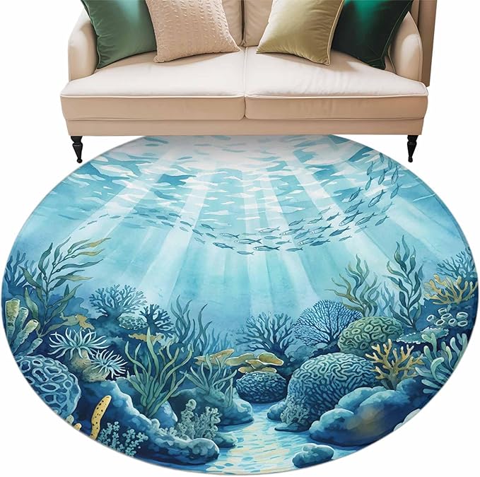 Washable Round Area Rug Underwater World Coral Seaweed Circle Rugs Floor Carpet for Living Room Bedroom, Seafloor Ocean Life Fish Soft Non Slip Round Rug 5ft