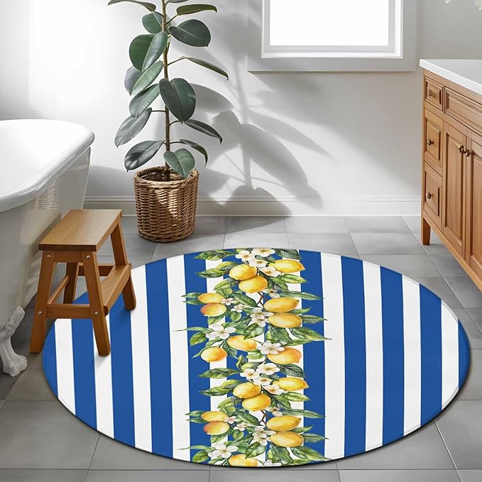 Washable Round Area Rug Summer Lemon Green Leaves Watercolor Circle Rugs Floor Carpet for Living Room Bedroom, Blue Stripe Soft Non Slip Round Rug 3ft