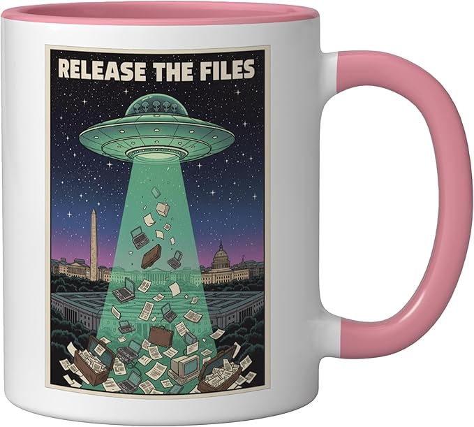Release the Files UFO Disclosure UAP Alien Conspiracy Ceramic Mug, Pink/White