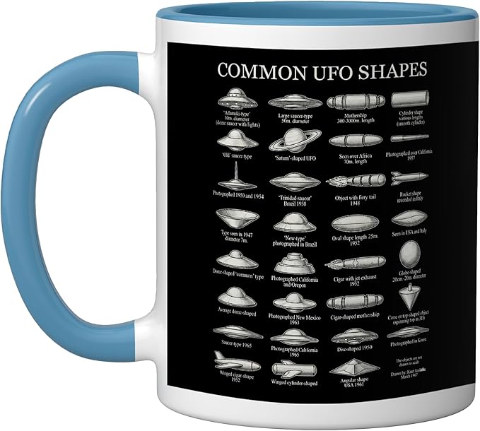Common UFO Shapes Vintage Chart Alien Flying Saucer Ceramic Mug, Blue/White