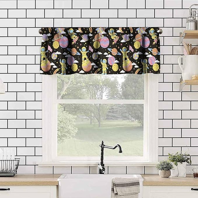 Retro Cartoon Space Valance, Funny Hippie Groovy Astronaut Planet Rocket Short Window Treatment for Kitchen Bedroom Nursery Living Room Decor, 54x18Inch