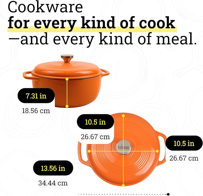 Lodge Essential Enamel Cast Iron Dutch Oven - Perfect for Bread Baking, Braising, Marinating & Slow Cooking - Features Moisture-Sealing Lid & Dual Handles - Kitchen Essentials - 6 Quarts - Pumpkin