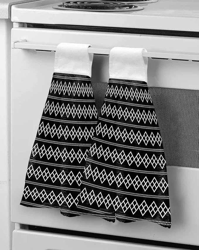 Alandar Home Kitchen Tie Towel Set of 2, Black White Minimalist Geometric Art Absorbent Soft Hand Towels for Bathroom Hanging Towels, Modern Square Dotted Line Fast Drying Cleaning Cloth with Loop