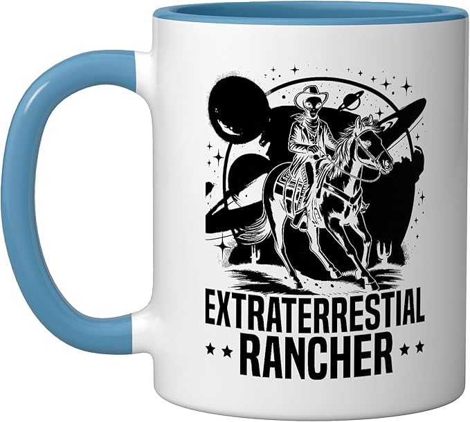 Alien Lover Flying Saucer UFO Extraterrestrial Cowboy Ceramic Mug, Blue/White