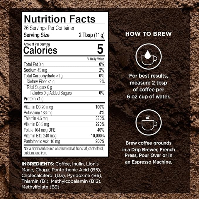 VitaCup Mushroom Coffee Grounds, Vanilla Flavored Coffee with Lions Mane, Chaga, B Vitamins, D3, Boost Focus, Immunity, Memory & Clarity, Medium Dark Roast, 100% Arabica Specialty, 10oz