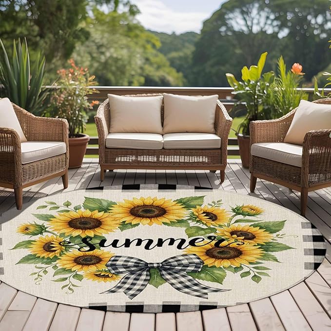 Washable Round Area Rug Summer Words Farm Sunflowers Circle Rugs Floor Carpet for Living Room Bedroom, Butterflies Country Floral Soft Non Slip Round Rug 5ft