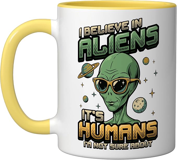 Alien Believer UFO Extraterrestrial Space Lover Ceramic Mug, Yellow/White