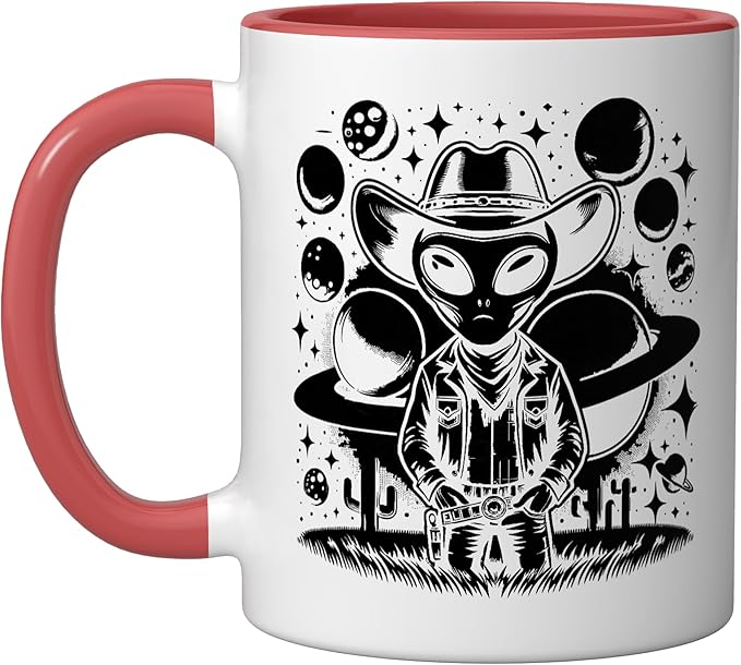 Alien Lover Flying Saucer UFO Extraterrestrial Cowboy Ceramic Mug, Red/White