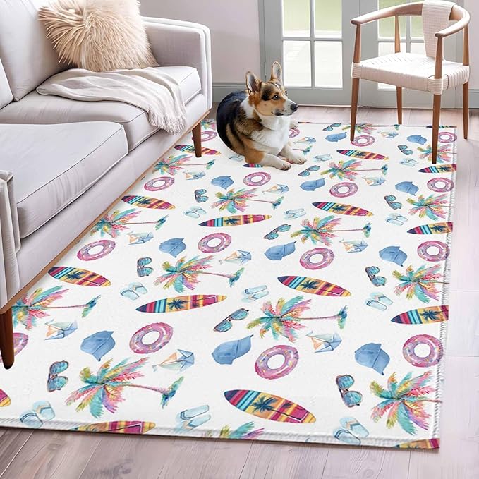 Area Rug 4x6ft, Summer Surfboard Coconut Tree Washable Rugs for Living Room Bedroom, Tropical Seamless Pattern Soft Non-Slip Area Rugs Rectangle Floor Carpet for Dining Room
