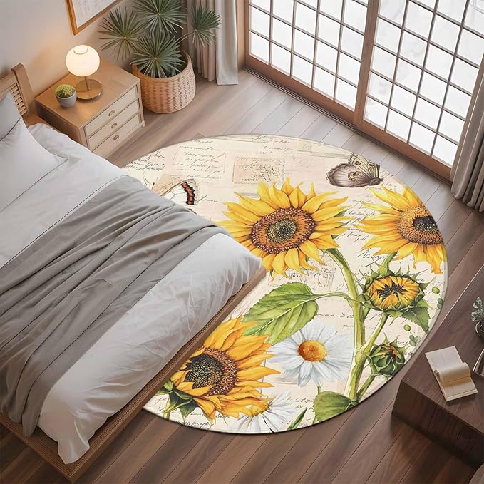 Sunflower Farmhouse 3ft Round Rug, Retro Floral Butterflies Non-Skid Rubber Backing Large Area Rugs - Living Room Bedroom Home Office, Spring Summer Indoor Floor Mat Carpets Washable Rug