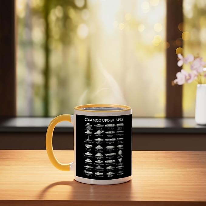 Common UFO Shapes Vintage Chart Alien Flying Saucer Ceramic Mug, Yellow/White