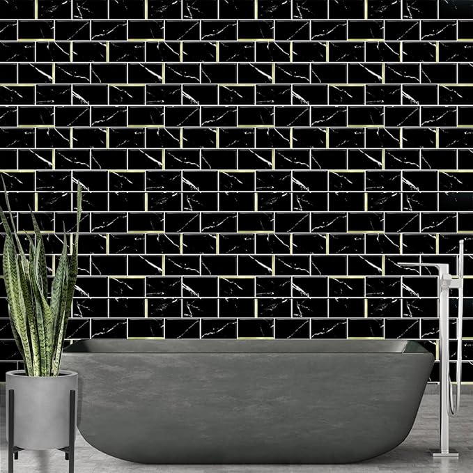 DÉCOR WOW Peel & Stick Backsplash for Kitchen & Bathroom Black Marble Subway with Gold, 1 sq ft (8-Pack)