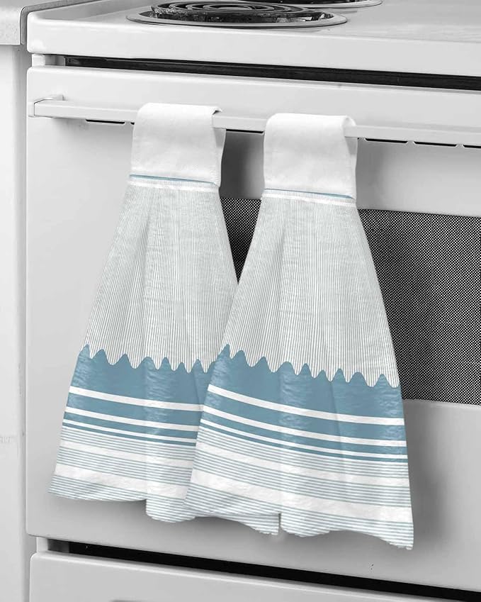 Alandar Home Kitchen Tie Towel Set of 1, Watercolor Blue Waves Stripe Absorbent Soft Hand Towels for Bathroom Hanging Towels, Modern Abstract Lines Fast Drying Cleaning Cloth with Loop