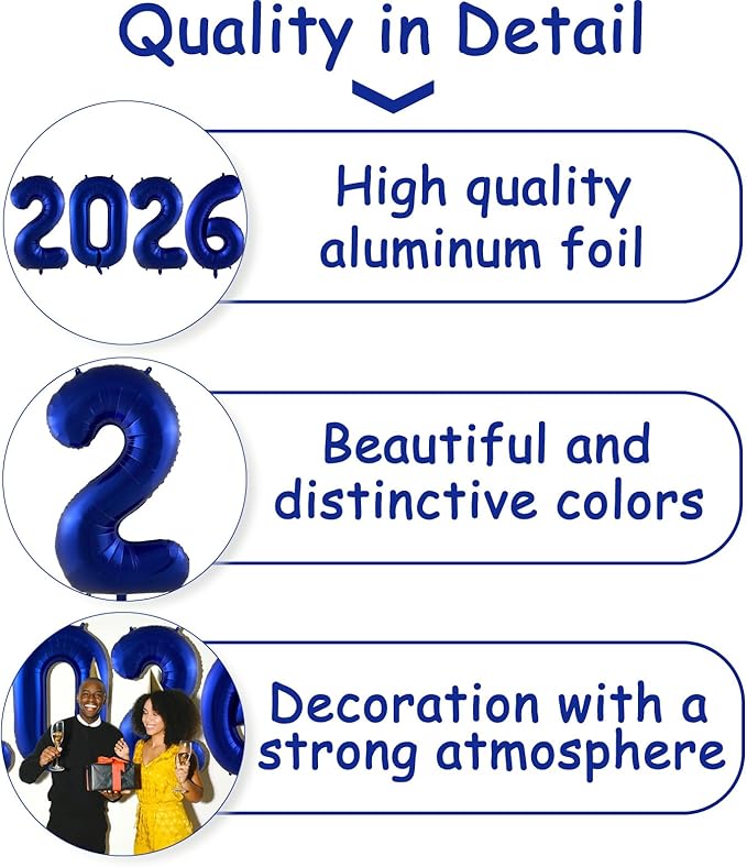 Huge Blue 2026 New Year Balloons 40 Inch Navy Blue 2026 Mylar Foil Helium Number Balloons 2026 Christmas New Year Eve Graduation Party Decorations Supplies