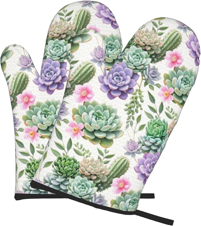 Succulents Oven Mitts of 2 Pack, Funny Kitchen Gloves Heat Resistant Non-Slip Kitchen Mitts for Cooking Baking Grilling