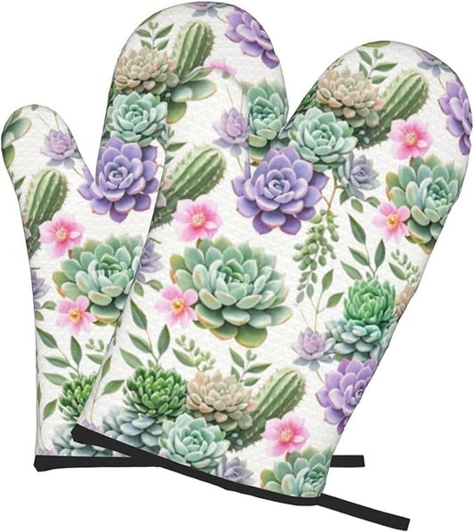 Succulents Oven Mitts of 2 Pack, Funny Kitchen Gloves Heat Resistant Non-Slip Kitchen Mitts for Cooking Baking Grilling