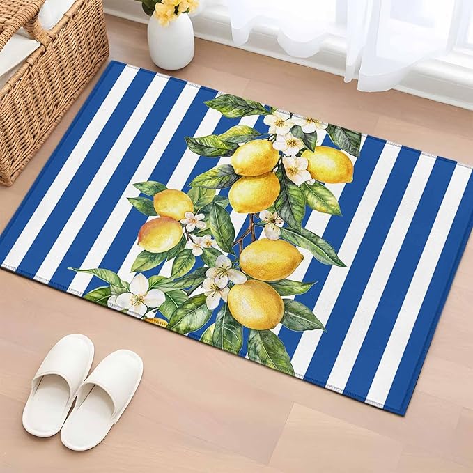 Area Rug 2x3ft, Summer Lemon Green Leaves Watercolor Washable Rugs for Living Room Bedroom, Blue Stripe Soft Non-Slip Area Rugs Rectangle Floor Carpet for Dining Room