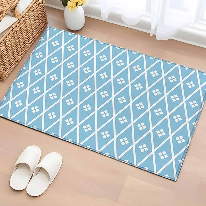 Area Rug 2x3ft, Boho Blue White Plaid Line Washable Rugs for Living Room Bedroom, Abstract Geometric Diamond Soft Non-Slip Area Rugs Rectangle Floor Carpet for Dining Room