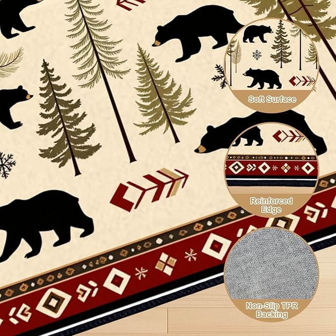 8x10 Area Rugs for Bedroom Boho Washable Man Cave Rug for Living Room Rustic Bear Pine Tree Wilderness Autumn Elements Soft Rubber Backed Non-Slip Large Carpets for Boys