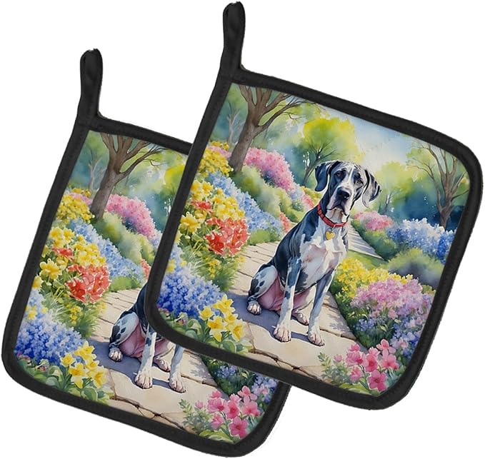 Caroline's Treasures Great Dane Spring Path Pair of Pot Holders Kitchen Heat Resistant Pot Holders Sets Oven Hot Pads for Cooking Baking BBQ, 7 1/2 x 7 1/2